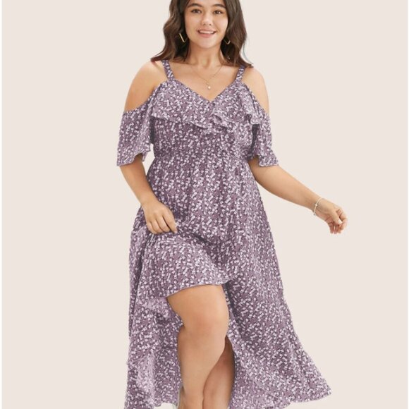 BloomChic Plus Size 2XL Ditsy Floral Pocket Wrap Cold Shoulder Ruffle Dress - Picture 2 of 3